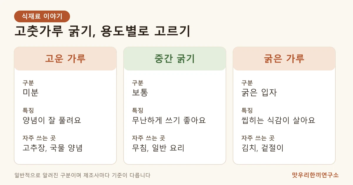 고춧가루를 고운 가루, 중간 굵기, 굵은 가루로 나누어 구분과 특징, 자주 쓰는 요리를 정리한 표