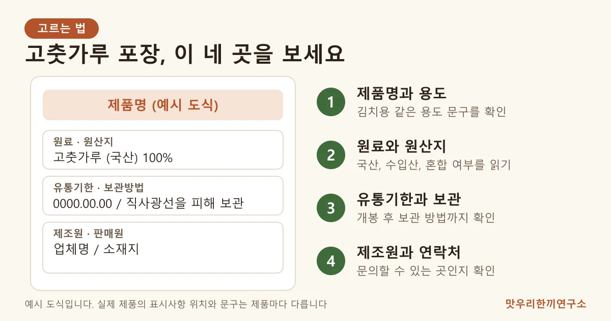 고춧가루 포장에서 제품명, 원료와 원산지, 유통기한과 보관, 제조원을 확인하는 위치를 보여주는 예시 도식